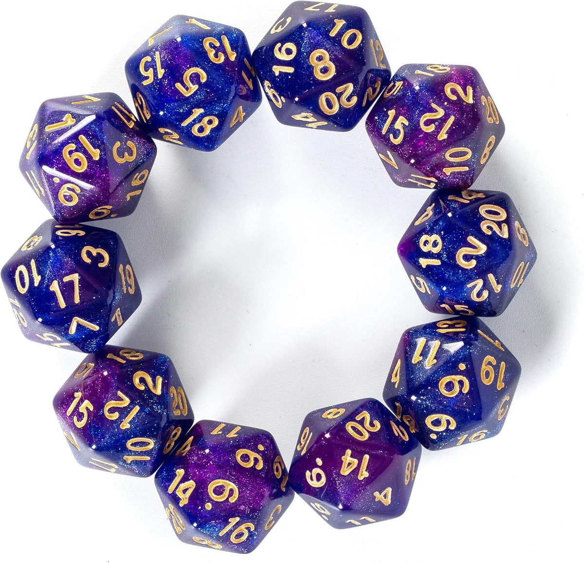 SmartDealsPro 10-Pack 20 Sided Dice D20 Polyhedral Dice for DND RPG - Glitter Blue-purple