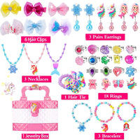 MOZXEBOK kids play jewelry set with rings, necklaces, bracelets and hair clips in a 3-layer box - view 3