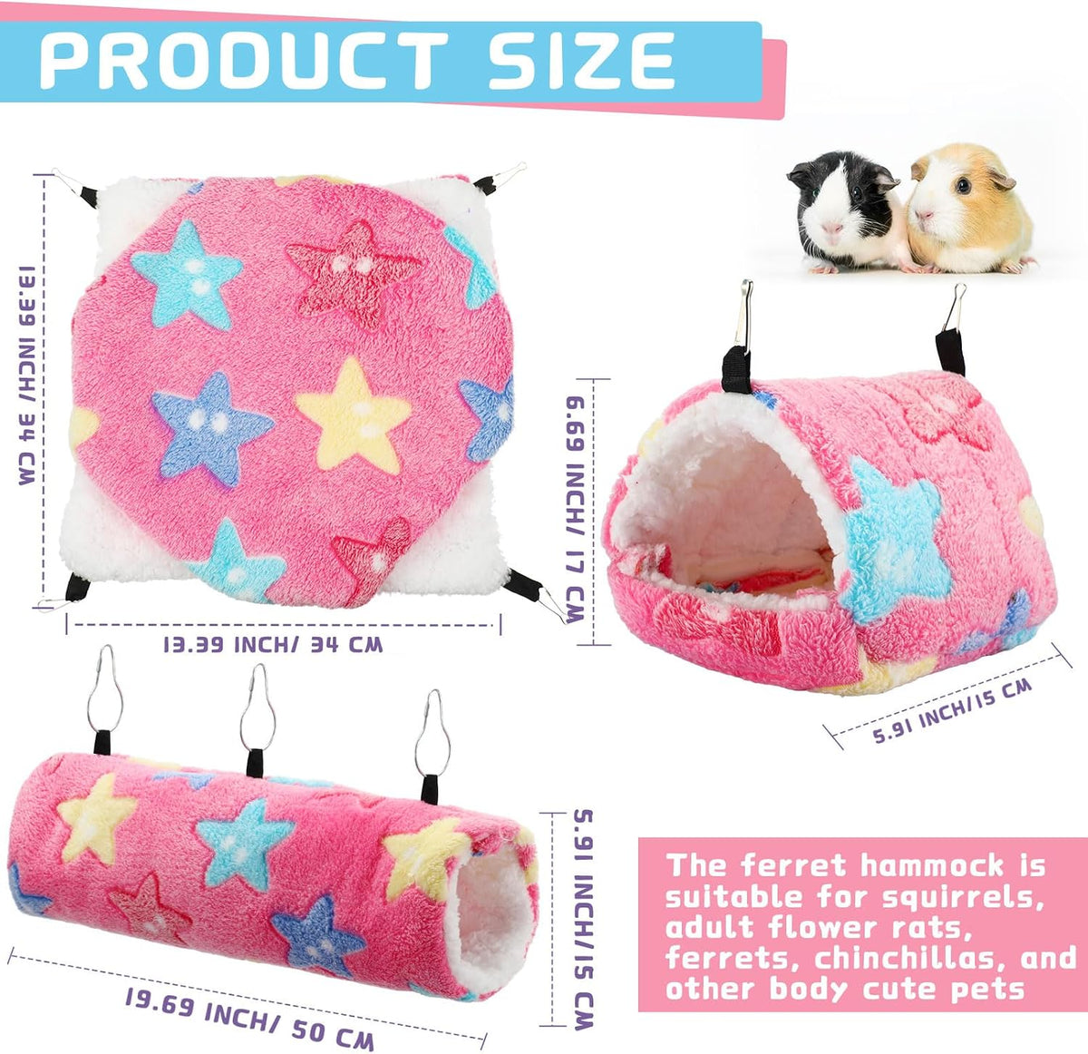 Abbylike 9 Pieces Rat Hammock 3 Tier Guinea Pig Ferret Hammocks Small - Green, Purple, Pink / Stars - image 4