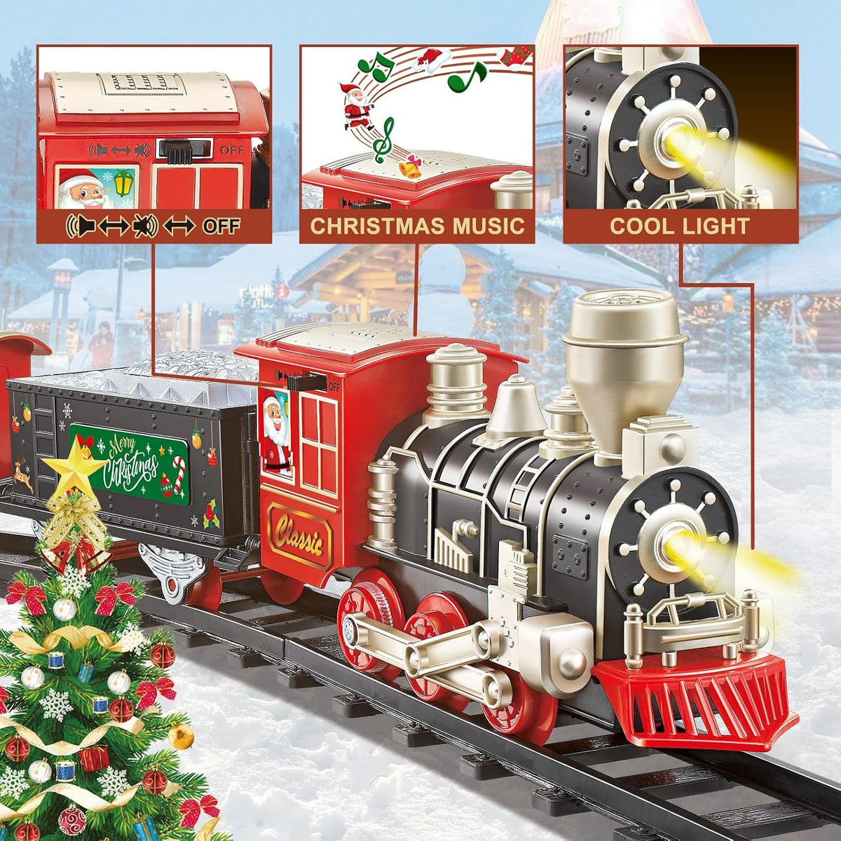 JUQU Train Set, Battery Operated Model Train Toy with Light - Black Gold Red - image 3
