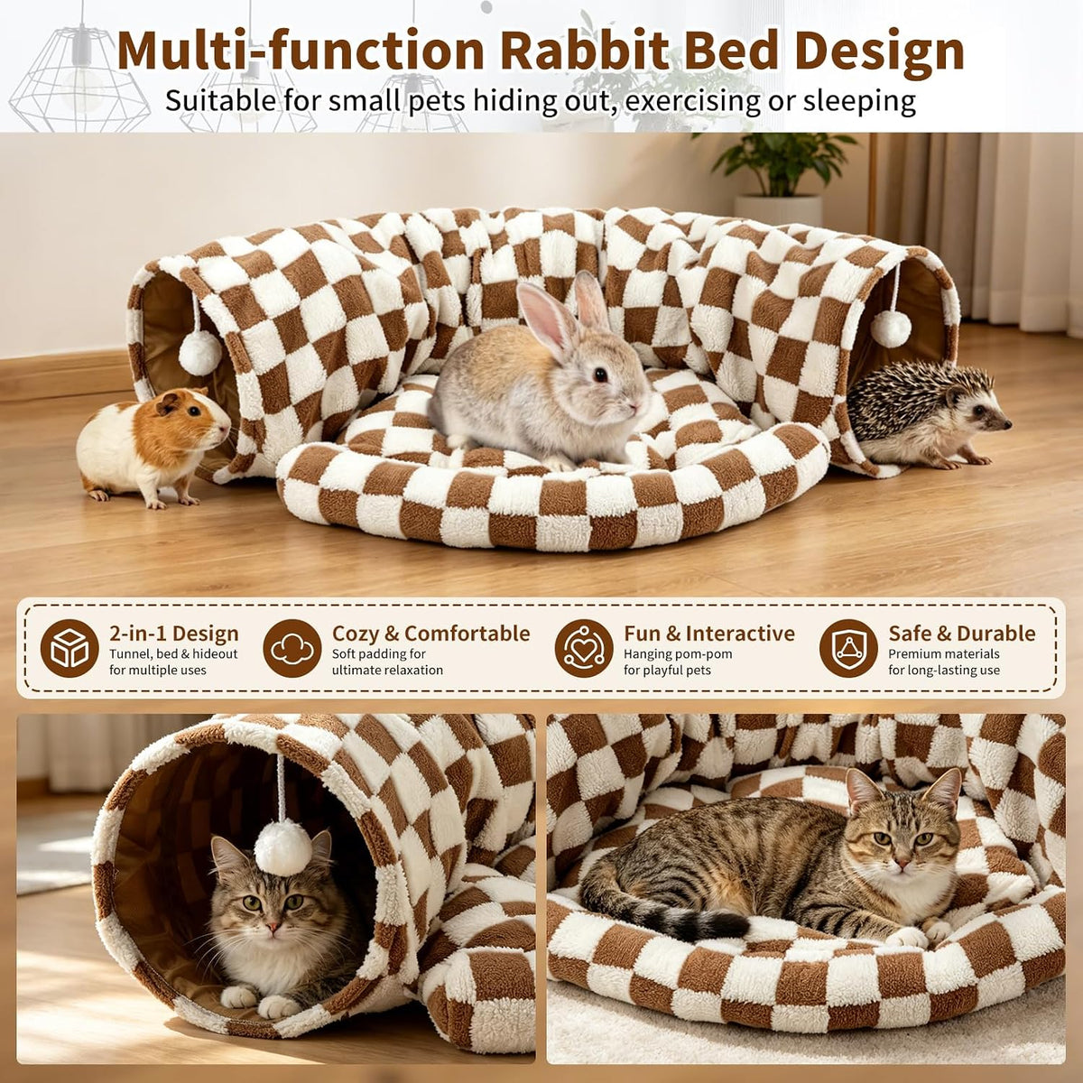 Bunny Tunnel Bed, 2-in-1 Collapsible Rabbit Tunnel Hideout with Mat – Essentials for Small Pets - Brown Checks - image 4