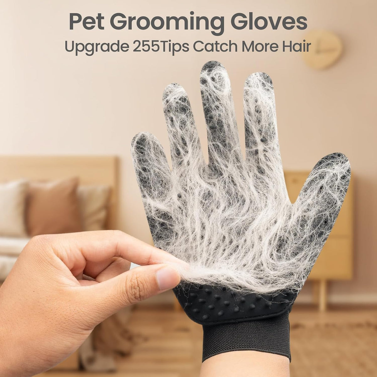 Pet Hair Removal Glove with 255 Silicone Tips for Dogs & Cats - Black - image 2