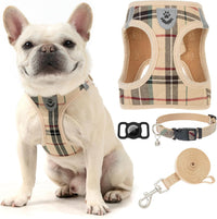 EXPAWLORER Plaid Small Dog Harness and Leash Set with AirTag Holder - Khaki / XX-Small