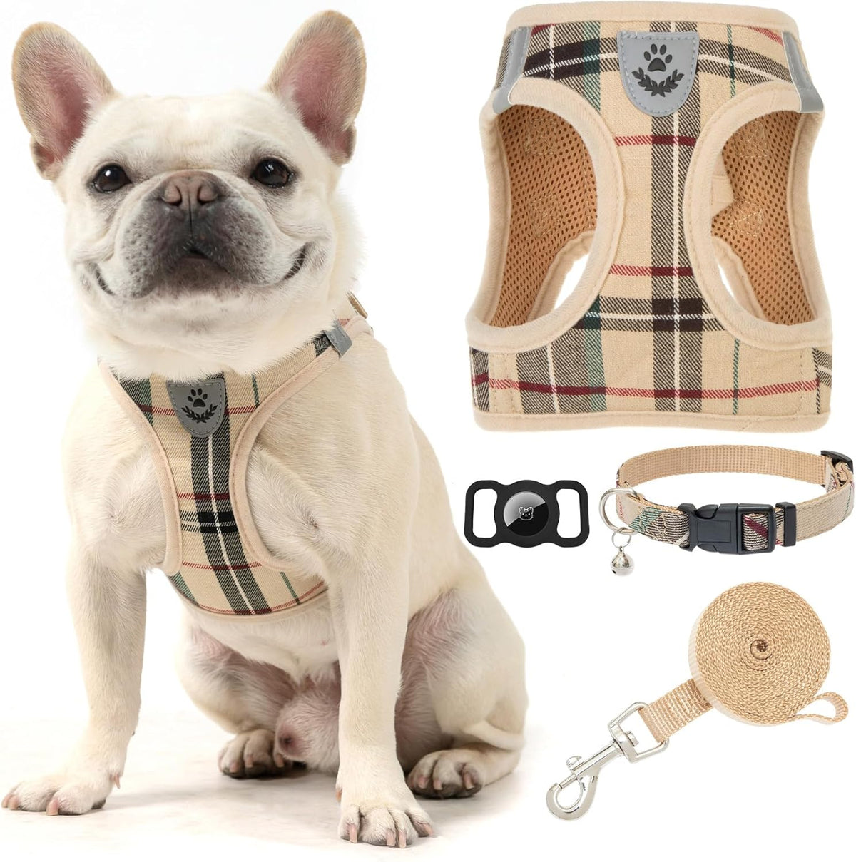 EXPAWLORER Plaid Small Dog Harness and Leash Set with AirTag Holder - Khaki / XX-Small