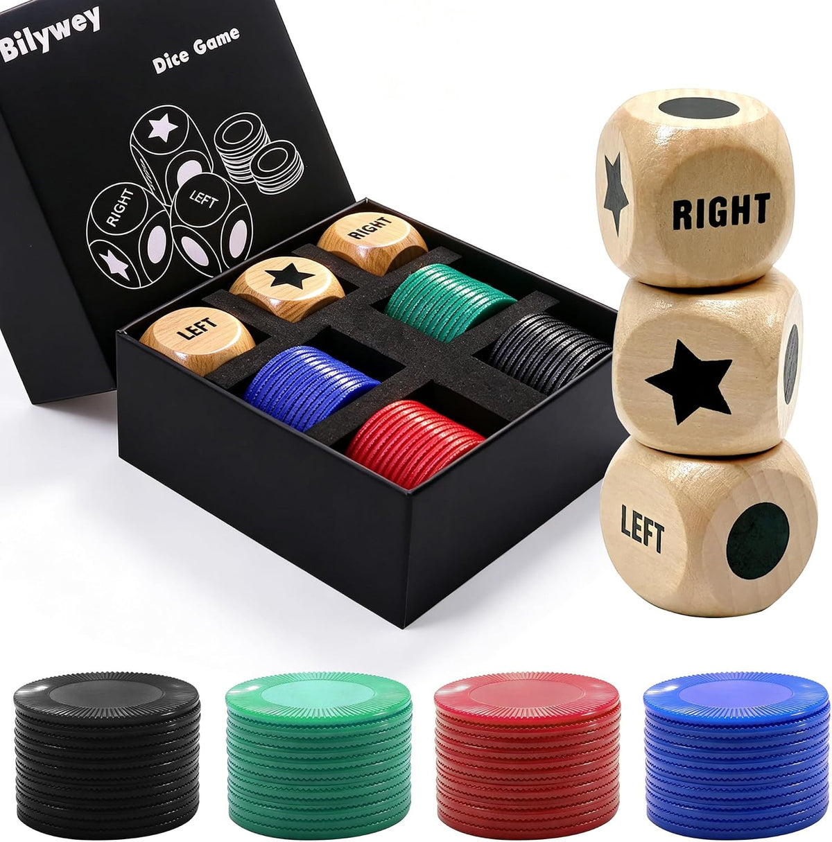 Bilywey 3pcs Left Right Game Dice 1 inch Beech Wood Dices - 3 dice + 48 Colorful Chips