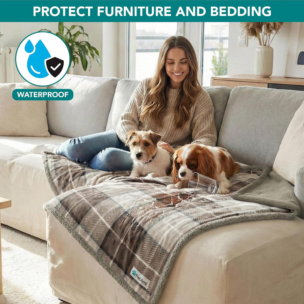 PetAmi Waterproof Dog Blanket for Medium Large Dog Pet, 60x40 - Large 60 X 40 Inches / Plaid Taupe - image 2