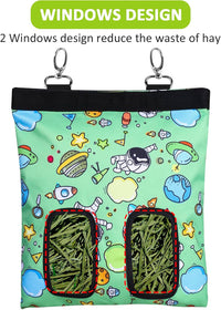 Rabbit Hay Feeder Bag Hanging Hay Rack – Essentials for Small Pets - 2 Windows / Pattern Green - image 2