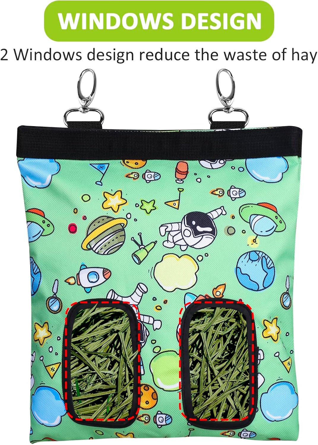 Rabbit Hay Feeder Bag Hanging Hay Rack – Essentials for Small Pets - 2 Windows / Pattern Green - image 2