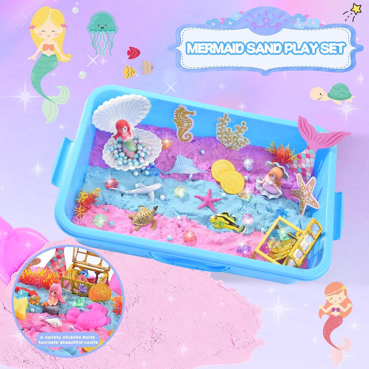 Volmop unicorn sensory bin with sandbox, colored play sand, castle molds and unicorn decorations - view 3