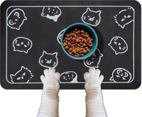 YCT Cat Food Mat for Pet Dog Feeting Mats - Black & Multiple cat heads Logo / 24"L x 16.9"W