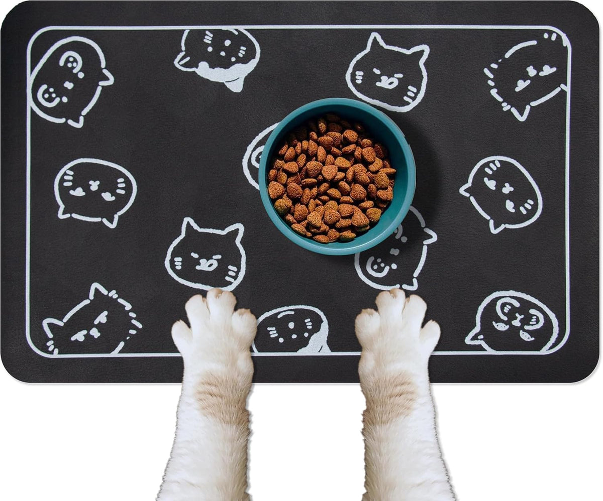 YCT Cat Food Mat for Pet Dog Feeting Mats - Black & Multiple cat heads Logo / 24"L x 16.9"W