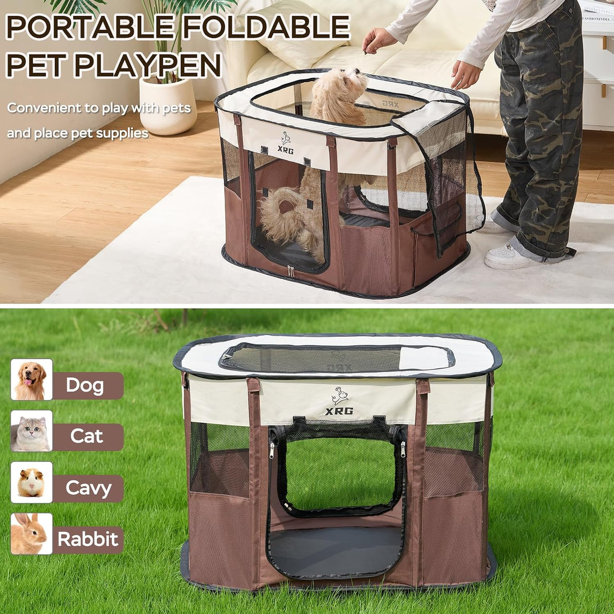 Foldable Pet Cat Playpen, Indoor Cat cage Crates S - Brown / Large（35.4"L x 27.6"W x 23.6"H） - image 2