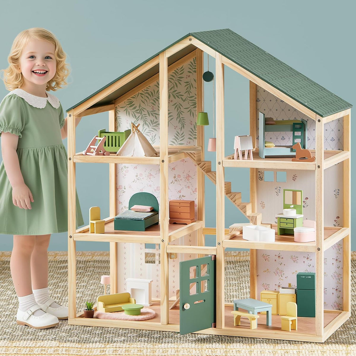Tiny Land Wooden Dollhouse for Girls, 6 Rooms Wooden Doll House - Green