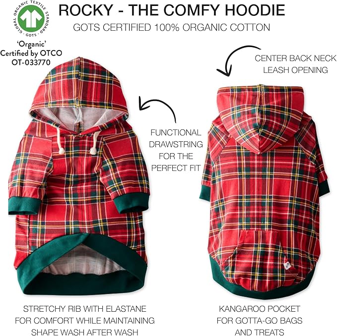 Rocky – The Orginal Lightweight Hooded TEE 100% Organic Cotton Dog Hoodie Pet Coat Sweater for Small, Medium, Large Dogs, Royal Stewart Plaid, X-Large