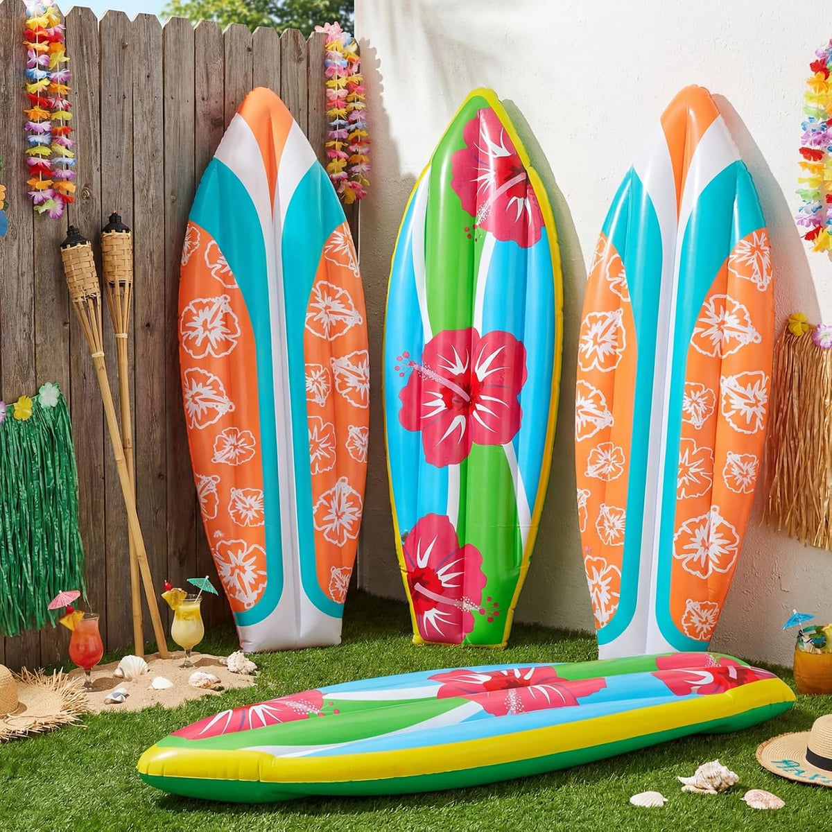 JellyArch inflatable surfboard decorations with tropical flower print, set of 4 - view 14