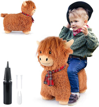 SuzziPals highland cow hopper, inflatable plush ride-on bouncer with plush fur and mane