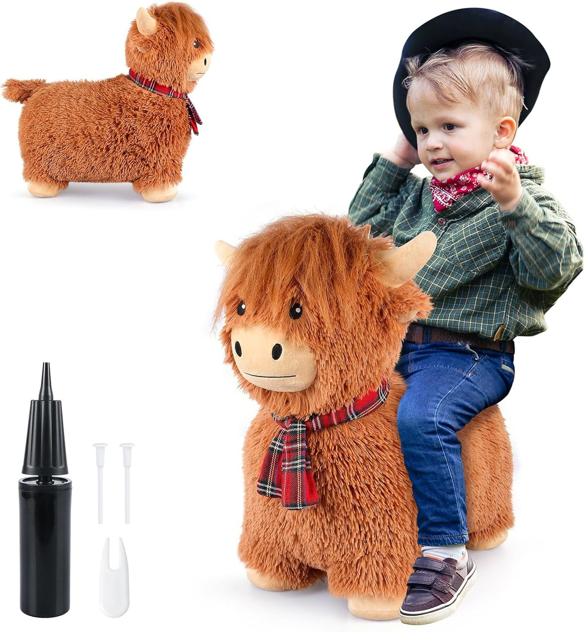 SuzziPals highland cow hopper, inflatable plush ride-on bouncer with plush fur and mane