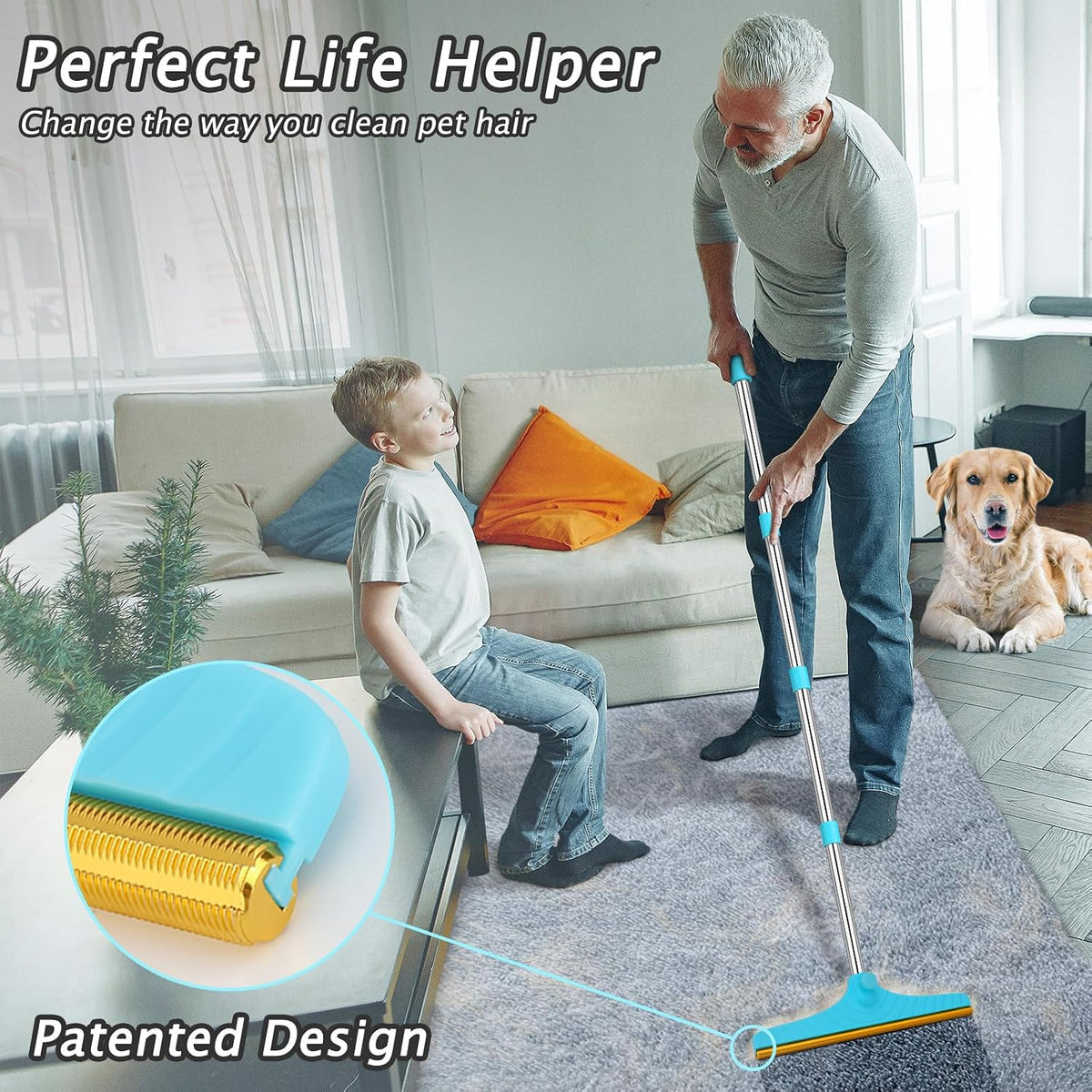 Carpet Rake for Pet Hair Removal Tool - 60‘’ / Blue - image 2