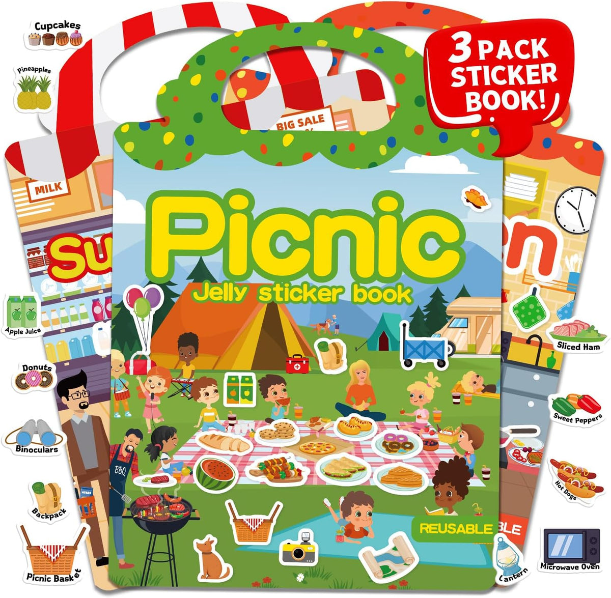 6 Sets Reusable Sticker Book for Toddlers 3-6 - Supermarket+Picnic+Kitchen