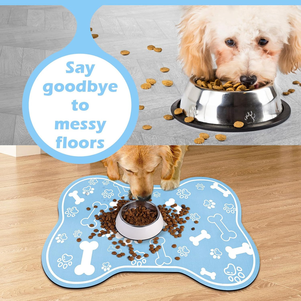 Dog Cat Food Mat, Rapid Absorbent Pet Feeding Mat - 24"L x 16"W / Bone Shaped Blue - image 4