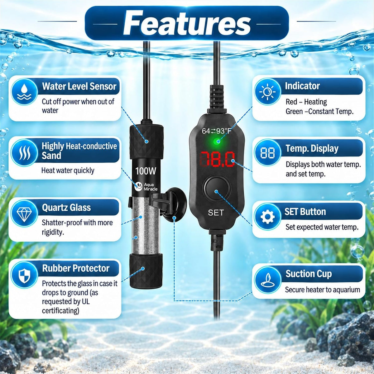 AquaMiracle Aquarium Heater 15W Fish Tank Heater for 1-3 Gallon Tanks – Essentials for Fish - For 10-20 Gal Tank - image 2