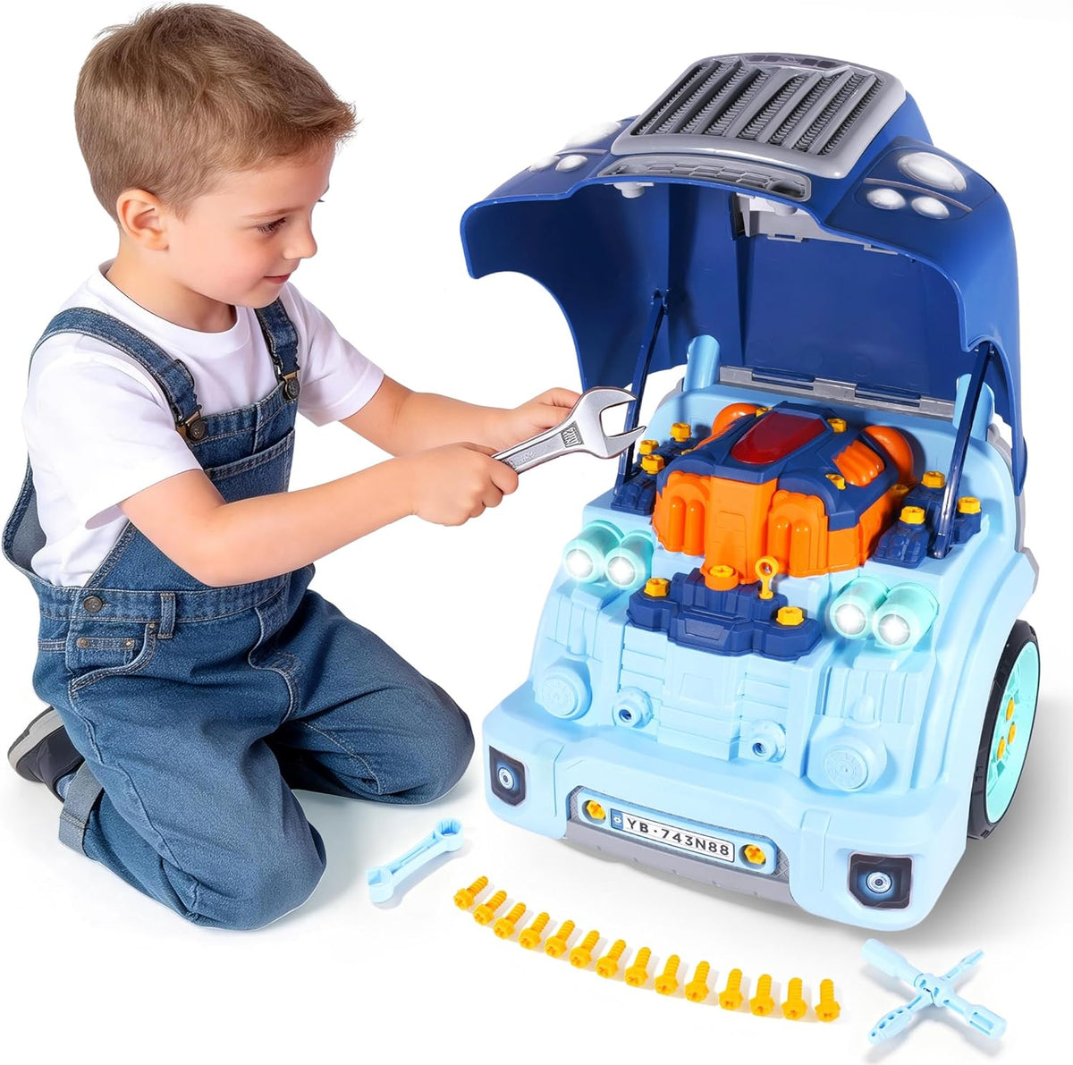 Interactive Truck Engine Toy with Removable Parts, Lights - Blue