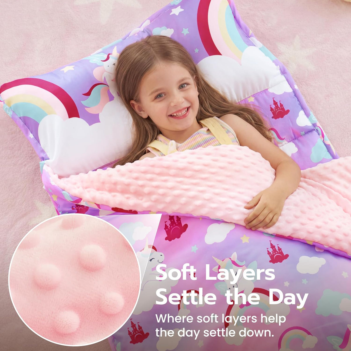 JOIEDOMI Toddler Nap Mat with Removable Pillow and Minky Blanket - Purple Unicorn - image 2