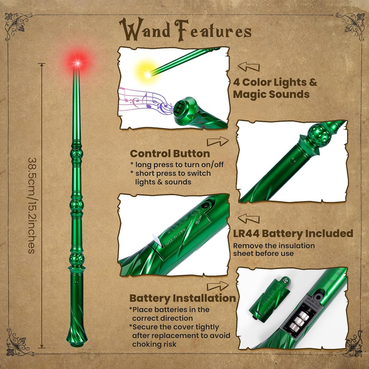 KingVows Light Up Magic Wizard Wand with 4 Color Lights & Sound - Green - image 3