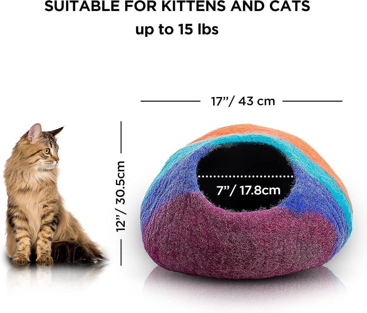 Woolygon Felt Cat Cave Bed, Merino Wool, Handcrafted – Essentials for Cats - Rainbow Twist - image 2