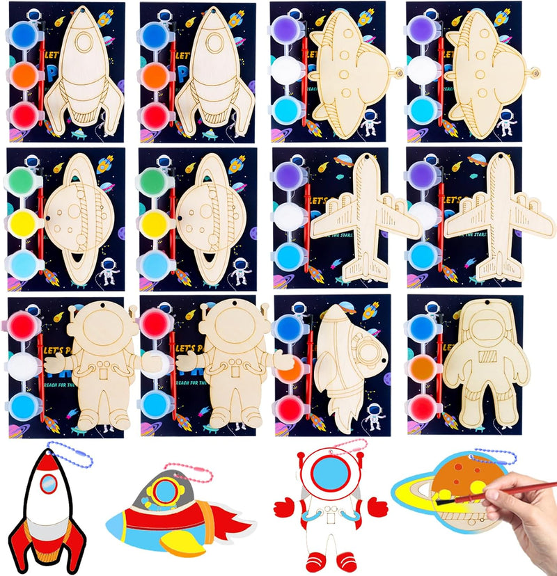 JOTIKO 12 pack space party favors with rocket and astronaut wooden keychains to paint