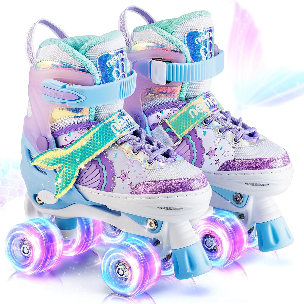 NEMONE Mermaid Adjustable Light up Roller Skates for Girls Boys – Fun for Kids & Family - A- Ocean Mermaid / Small - Little Kid