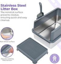 iPrimio Premium Stainless Cat Litter Box for Easy Cleanup - Durable and High Sides Stainless Steel Litter Box with Step Scoop - Mat Elevated for Cats - Scratch and Bite Proof - Dark Grey