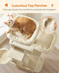 Feandrea Cat Tree, 81.1-Inch Large Cat Tower with 13 Scratching Posts, 2 Perches, 2 Caves, Basket, Hammock, Pompoms, Multi-Level Plush Cat Condo for Indoor Cats, Beige UPCT190M01