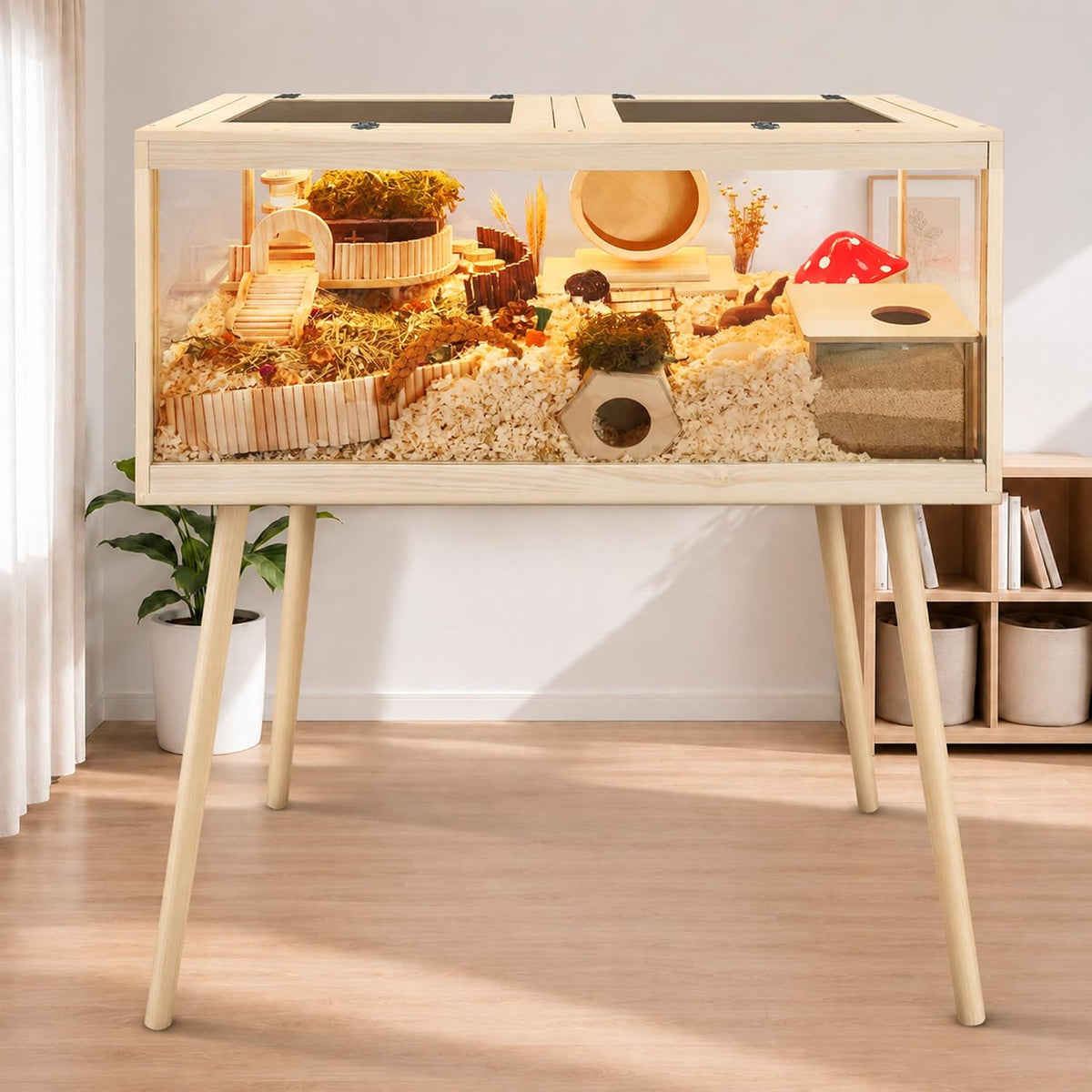 PROLEE Small Animal Cage, Hamster Cage Wooden Roof - 48.0"L x 20.0"W x 47.5"H / Metal Mesh Roof - image 2