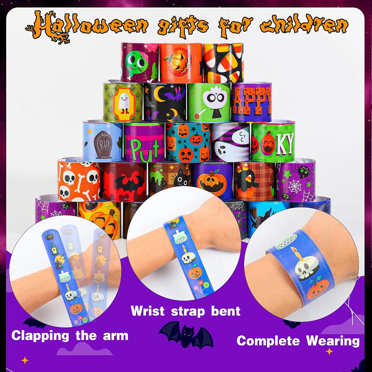 LUYI Halloween slap bracelets bulk pack with ghost, pumpkin, bat and witch designs - view 7