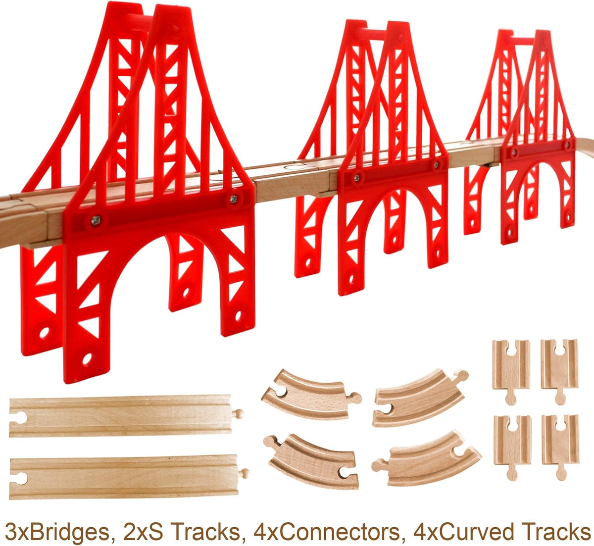 OrgMemory wooden train track bridge supports in natural beech wood with straight tracks - view 11