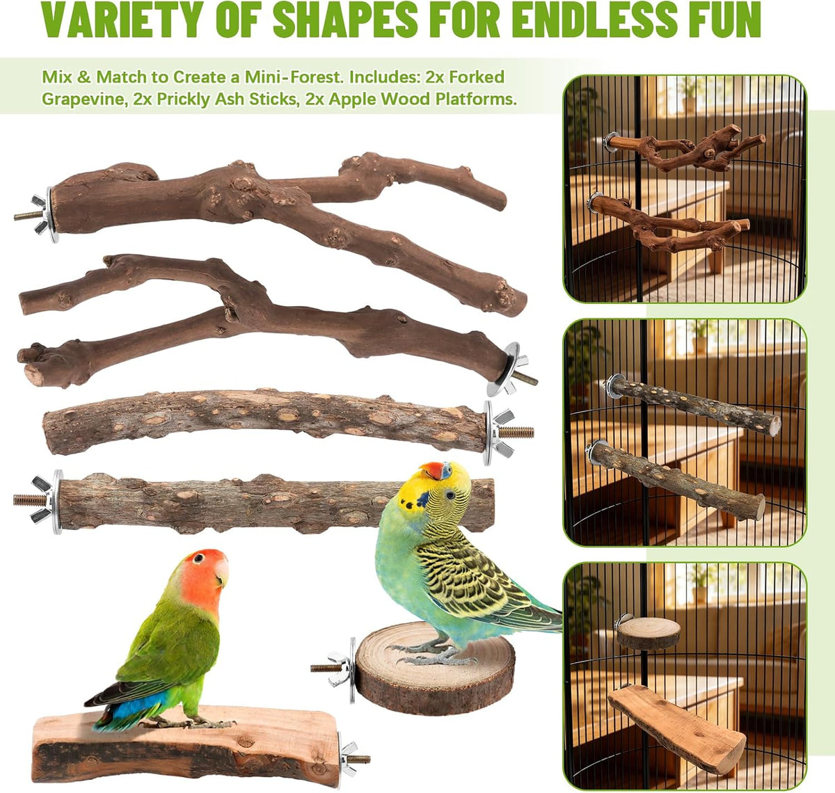 4 Pack Natural Wood Bird Perch Set for Parakeet Cage – Essentials for Birds - 6 Pcs - Multi-Texture Variety (Grapevine & Ash) - image 3