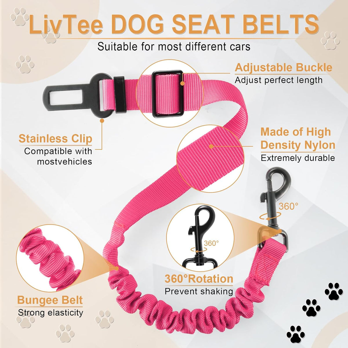 Dog Seat Belt for Car, Retractable Pet Safety Harness - Pink-2PCS - image 4