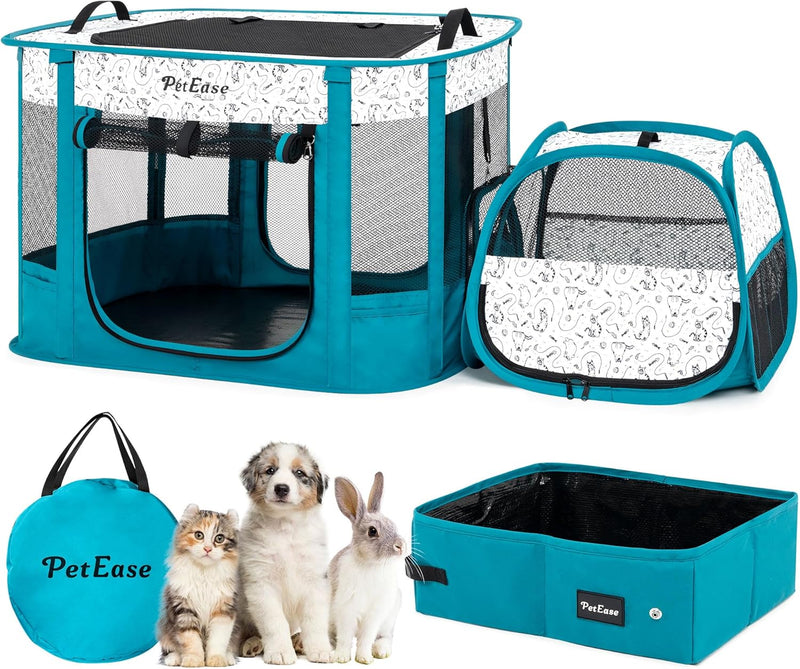Portable Cat Playpen with Litter Box, Cat Enclosure for Camping - Peacock blue / Double
