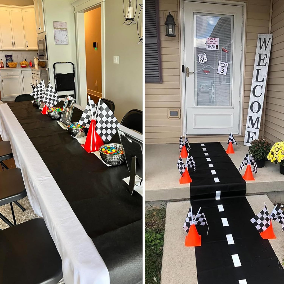 YOELVN race car party cones, six orange 7 inch traffic cones holding checkered flags - view 29