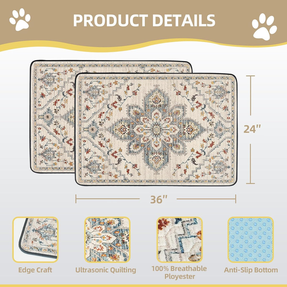 Washable Pee Pad for Dogs - White Medallion / 36" x 24" (2 Pack) - image 3