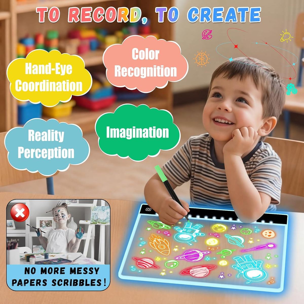 16" Rechargeable LED Drawing Board for Kids, 7 Colors - Black / 1PACK - image 3