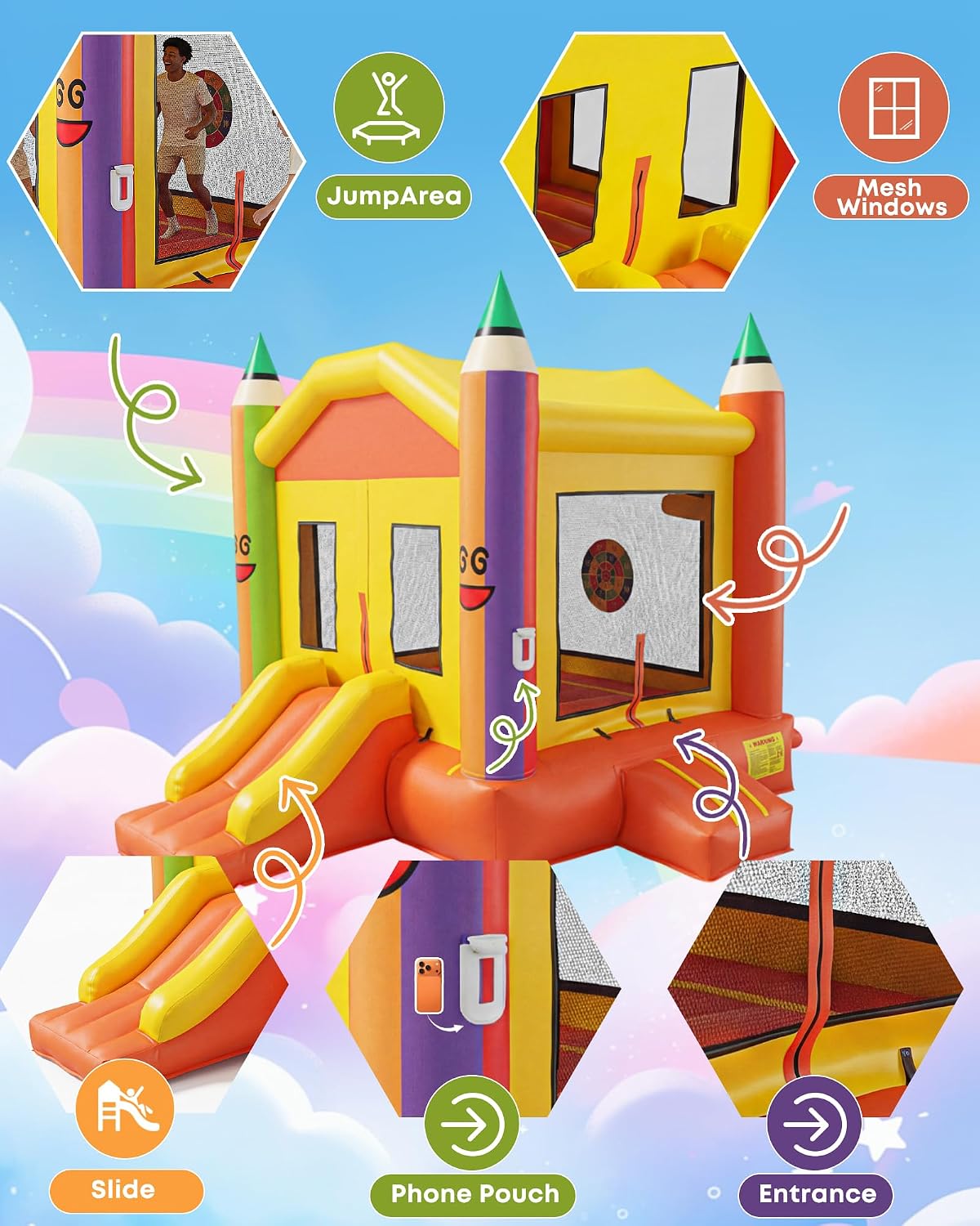 NBSPORT white bounce house with slide, ball pit and mesh walls - view 5