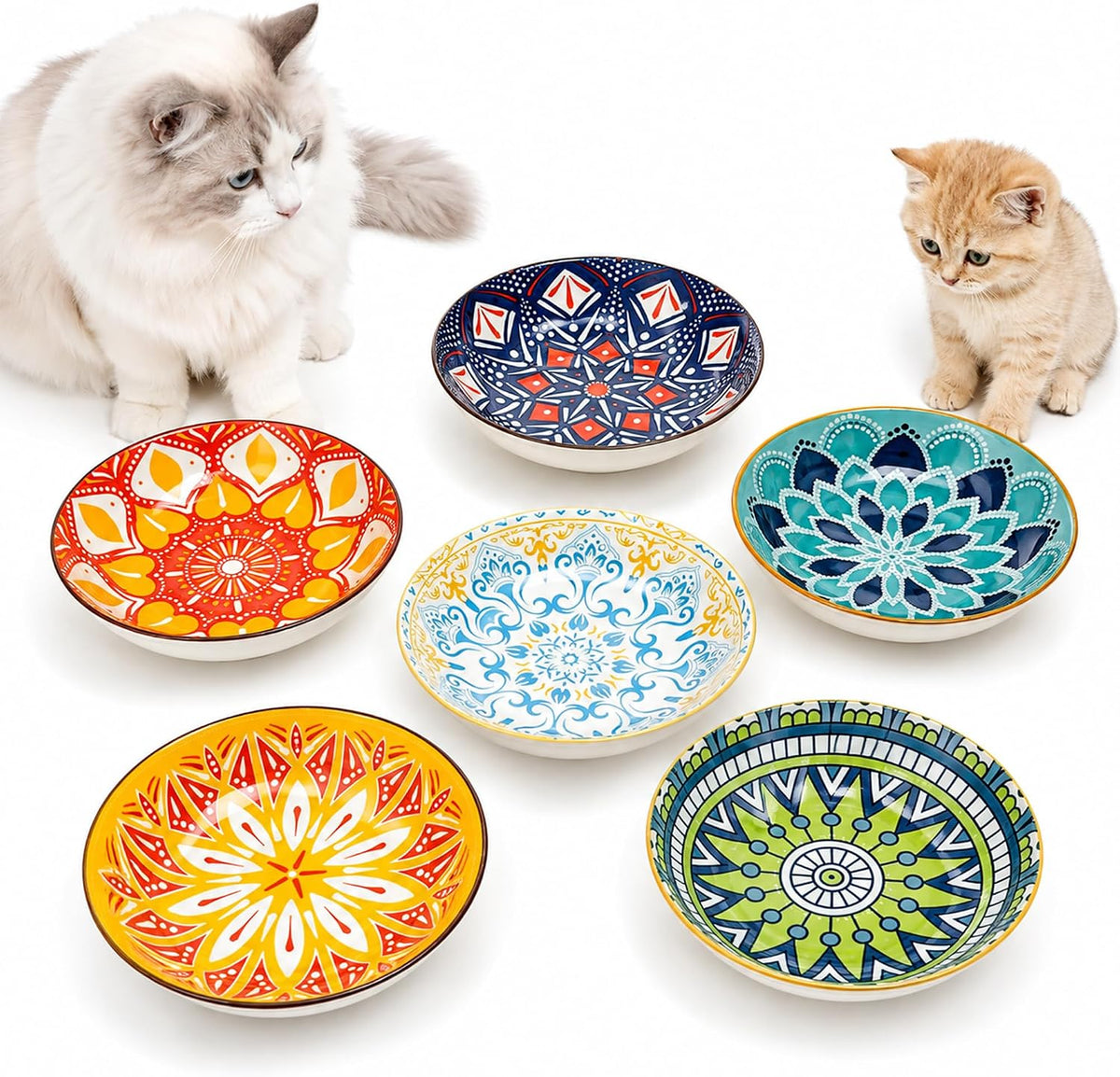 Ceramic Cat Food Bowls 6 Pack - Floral 1 - No Pads