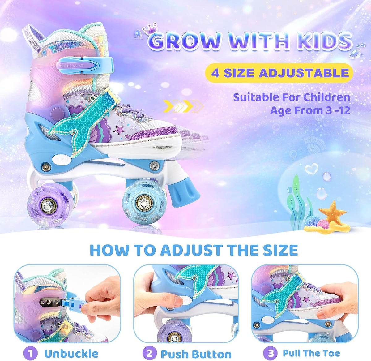 NEMONE Mermaid Adjustable Light up Roller Skates for Girls Boys – Fun for Kids & Family - A- Ocean Mermaid / Small - Little Kid - image 2