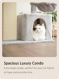 Ouritsu Cat Tree, 27 inch Cat Tower for Large Cat Indoor, Enlarged Condo, 1 Widened Padded Perch, Luxury Tall Scratching Post, Fluffy Basket, Light Gray, MF002GA
