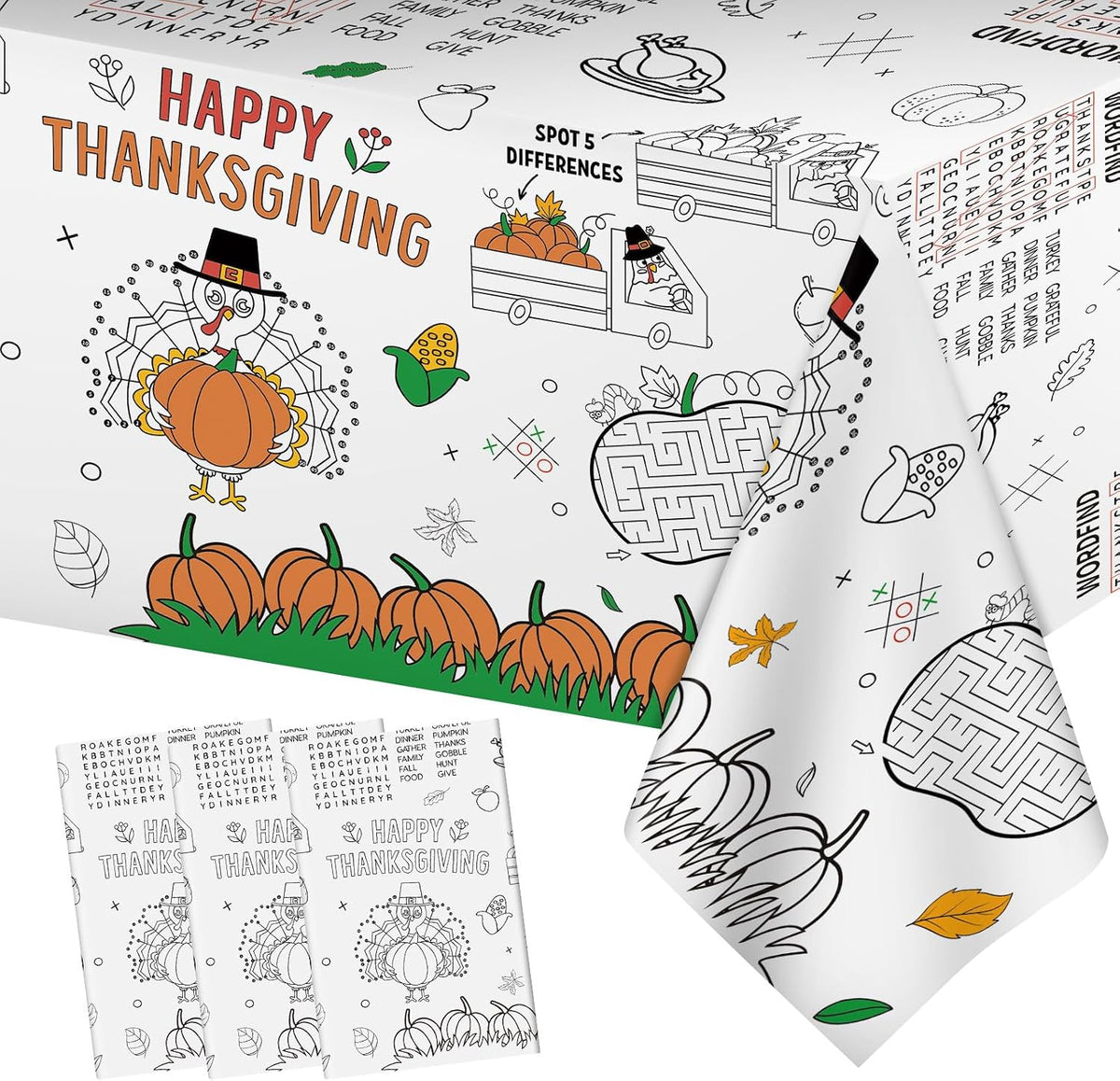 Litmitfu Thanksgiving coloring paper tablecloth with turkeys, pumpkins and games - view 2