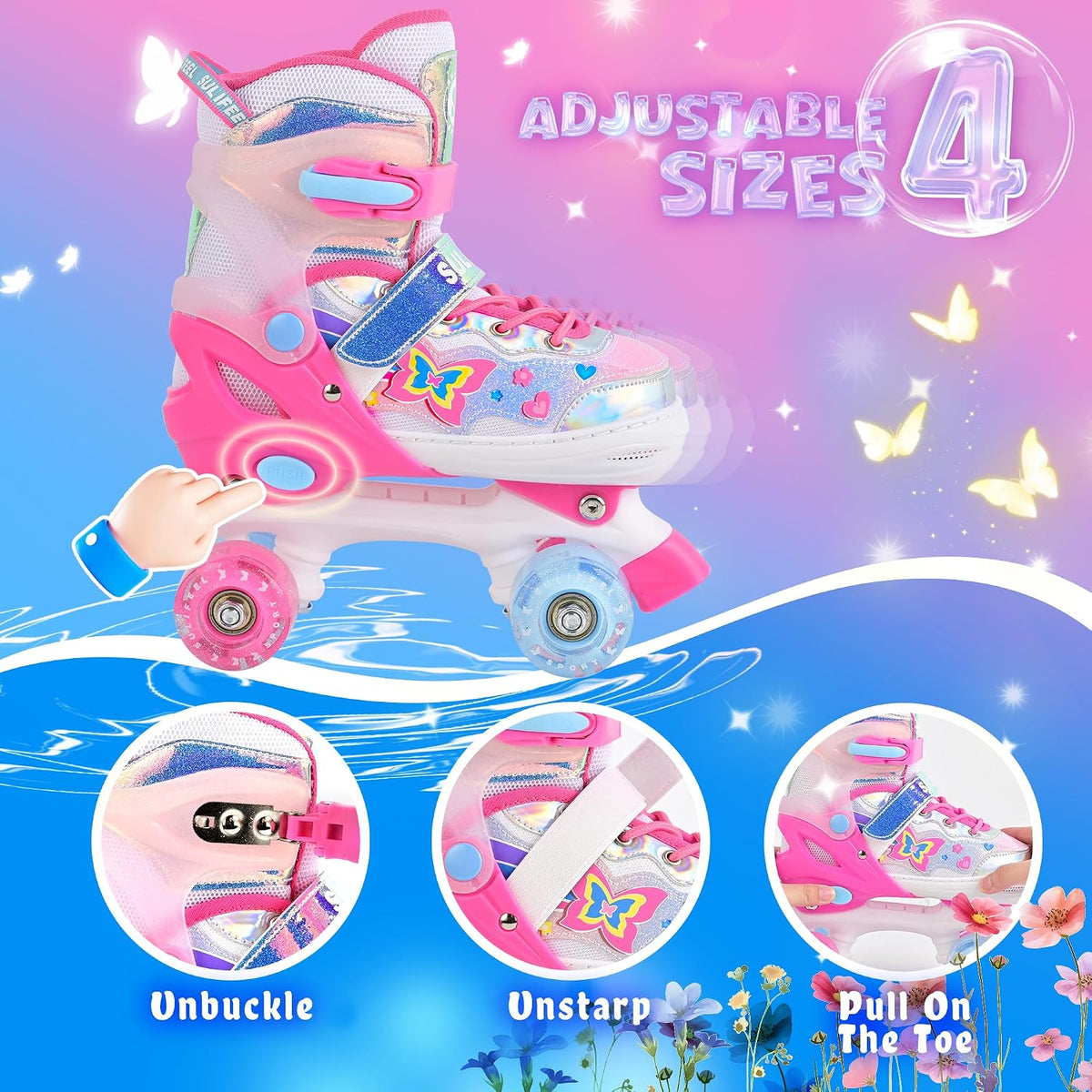 SULIFEEL Adjustable Kids Roller Skates, Light up Wheels – Fun for Kids & Family - F Butterfly Pink / Small - Little Kid - image 4