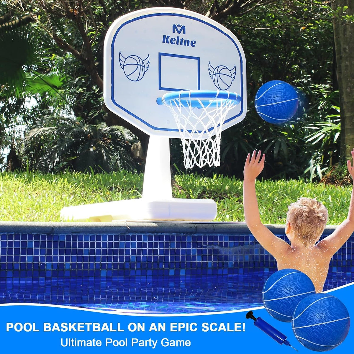Pool Basketball Hoop, 34"x34"x42.2" Oversized Pool Toys with 2 Balls/Nets/Pump for Poolside Water - White - image 3