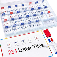 JoyCat magnetic letter tiles with red vowels, blue consonants, dry erase board and storage case